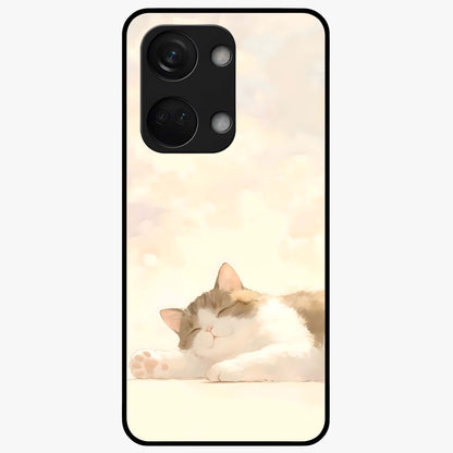 Cloud Nap Cat Glass Case for 1+Nord 3 adorable front view featuring cute sleeping cat artwork on soft cloud background