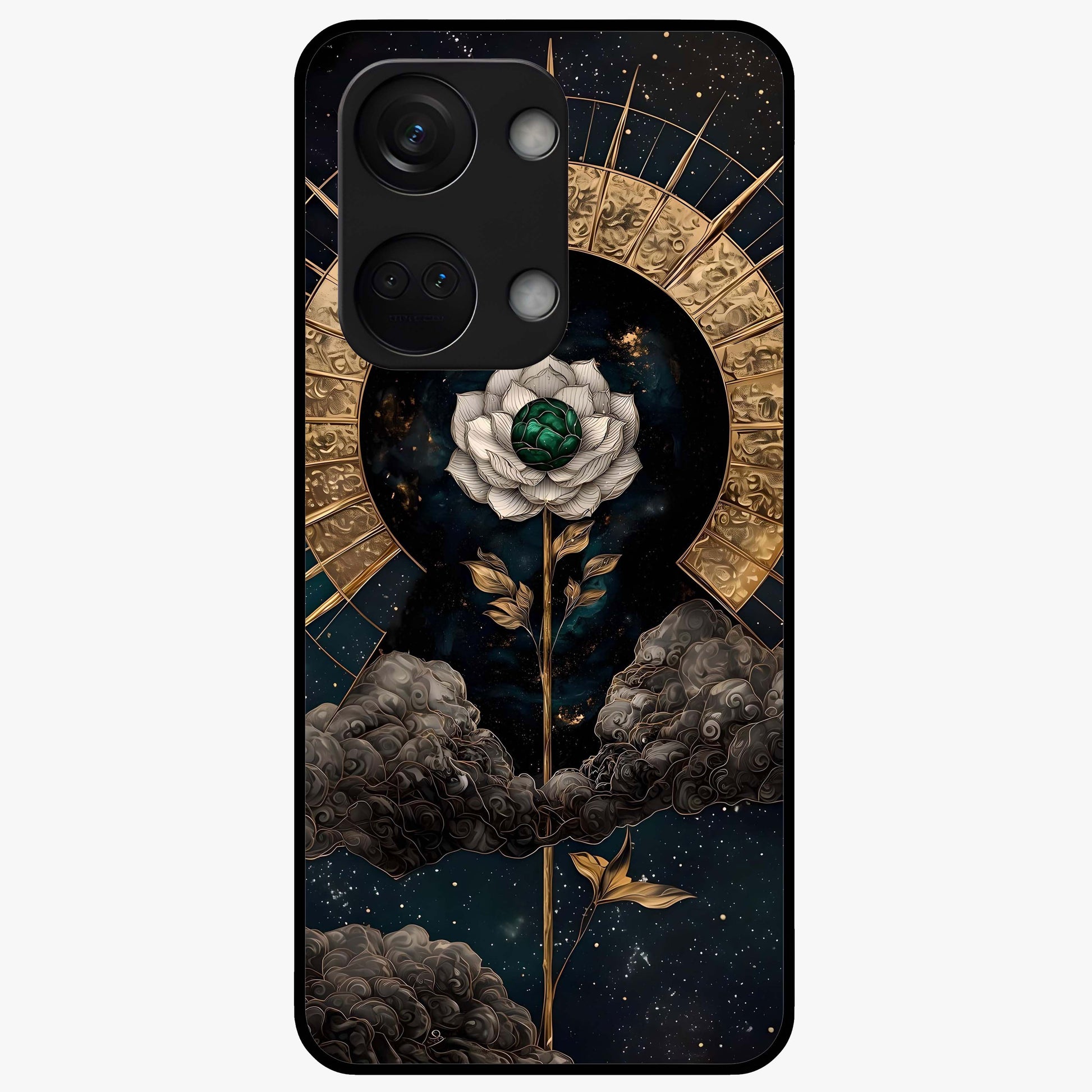Cosmic Bloom Rose Glass Case for 1+Nord 3 elegant front view featuring rose artwork blended with cosmic background