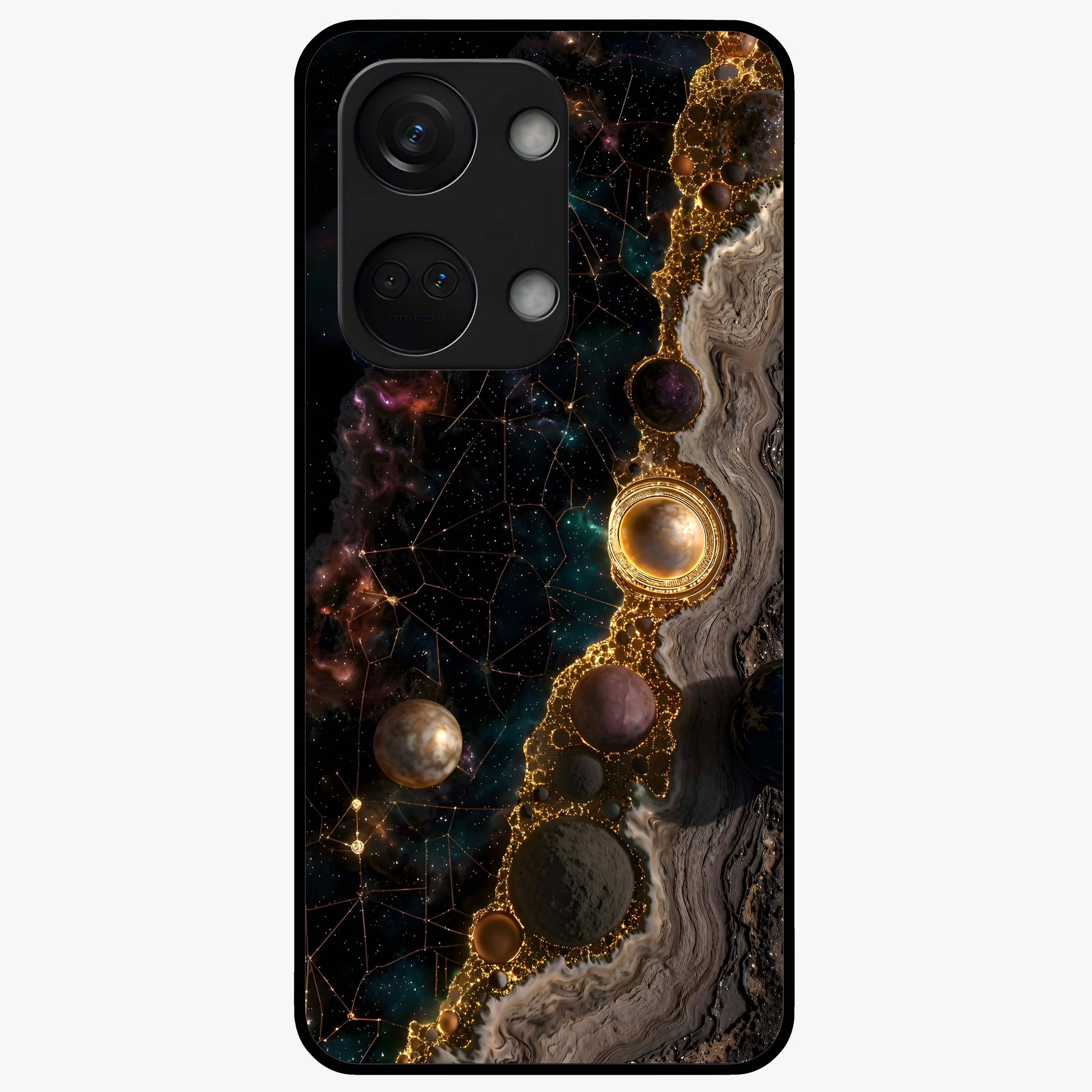 Cosmic Gold Path Glass Case for 1+Nord 3 luxurious front view featuring golden pathway artwork against cosmic backdrop
