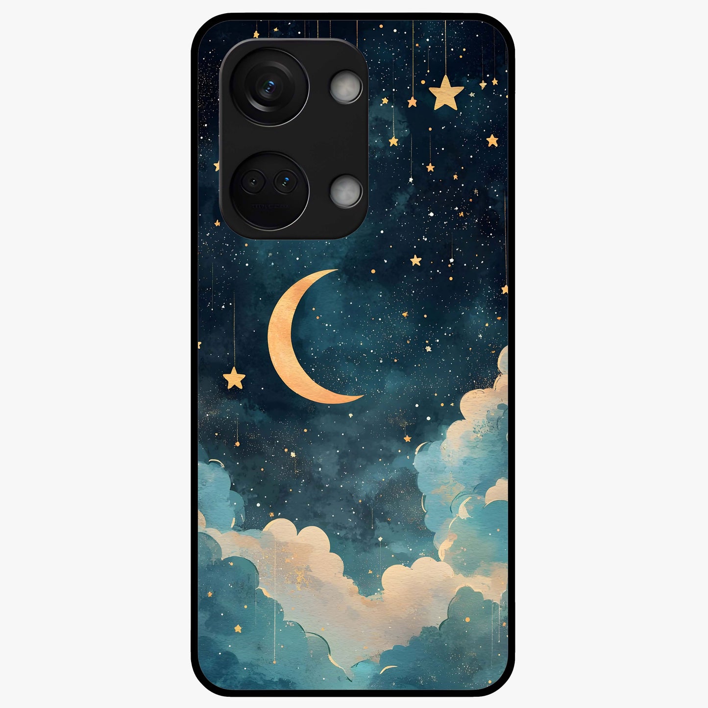 Crescent Galaxy Moon Glass Case for 1+Nord 3 mystical front view featuring crescent moon artwork with cosmic background