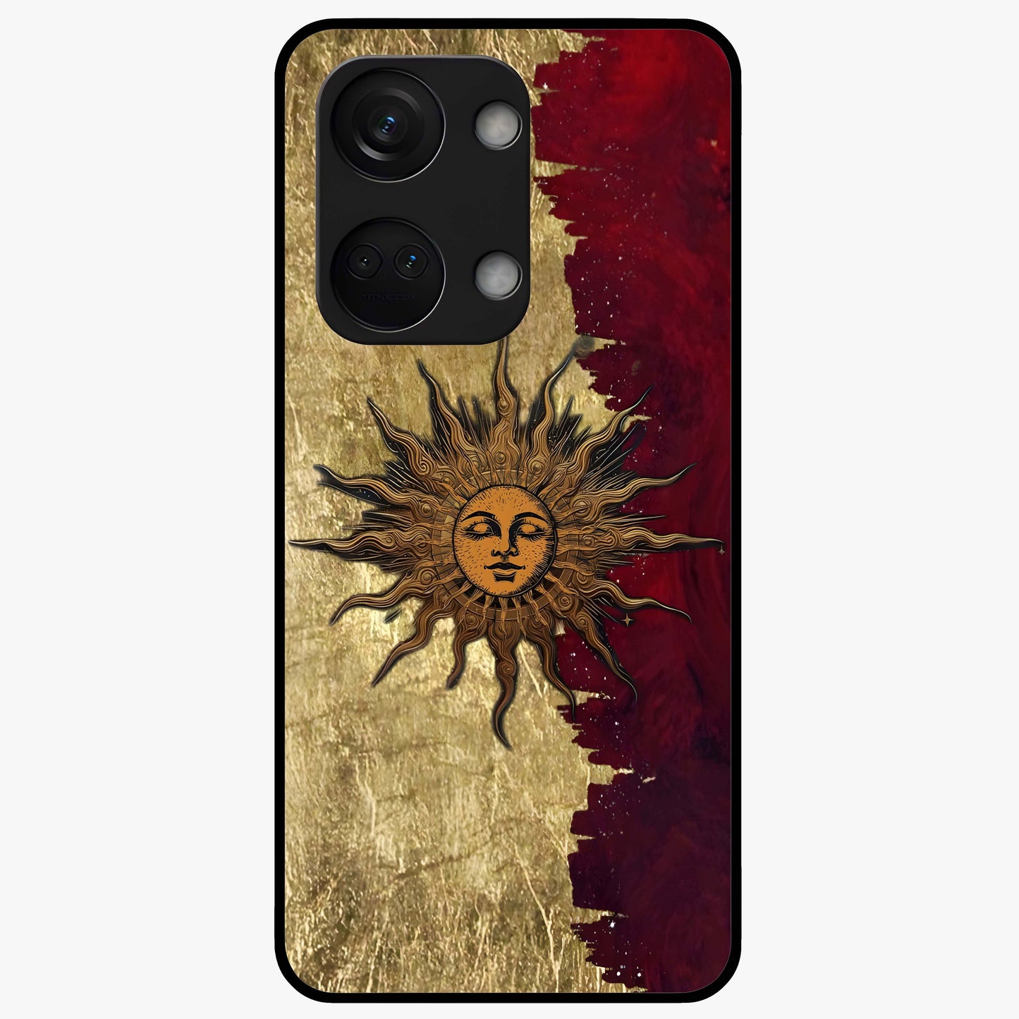 Crimson Sun Majesty Glass Case for 1+Nord 3 radiant front view featuring glowing sun artwork in deep red hues