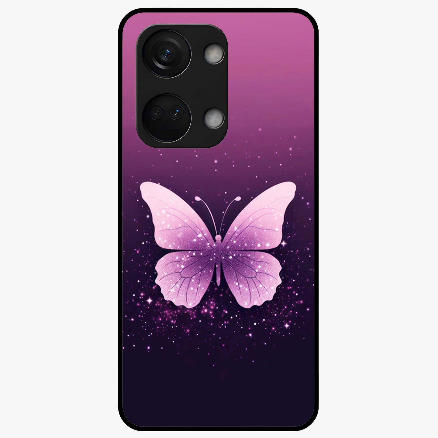 Cute Starry Butterfly Glass Case for 1+Nord 3 dreamy front view featuring butterfly artwork with sparkling star accents