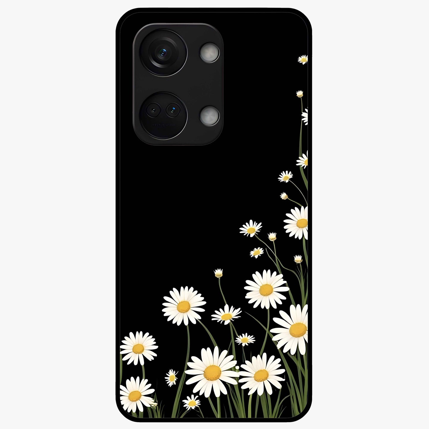 Daisy Cascade on Black Glass Case for 1+Nord 3 elegant front view featuring white daisy artwork on deep black background