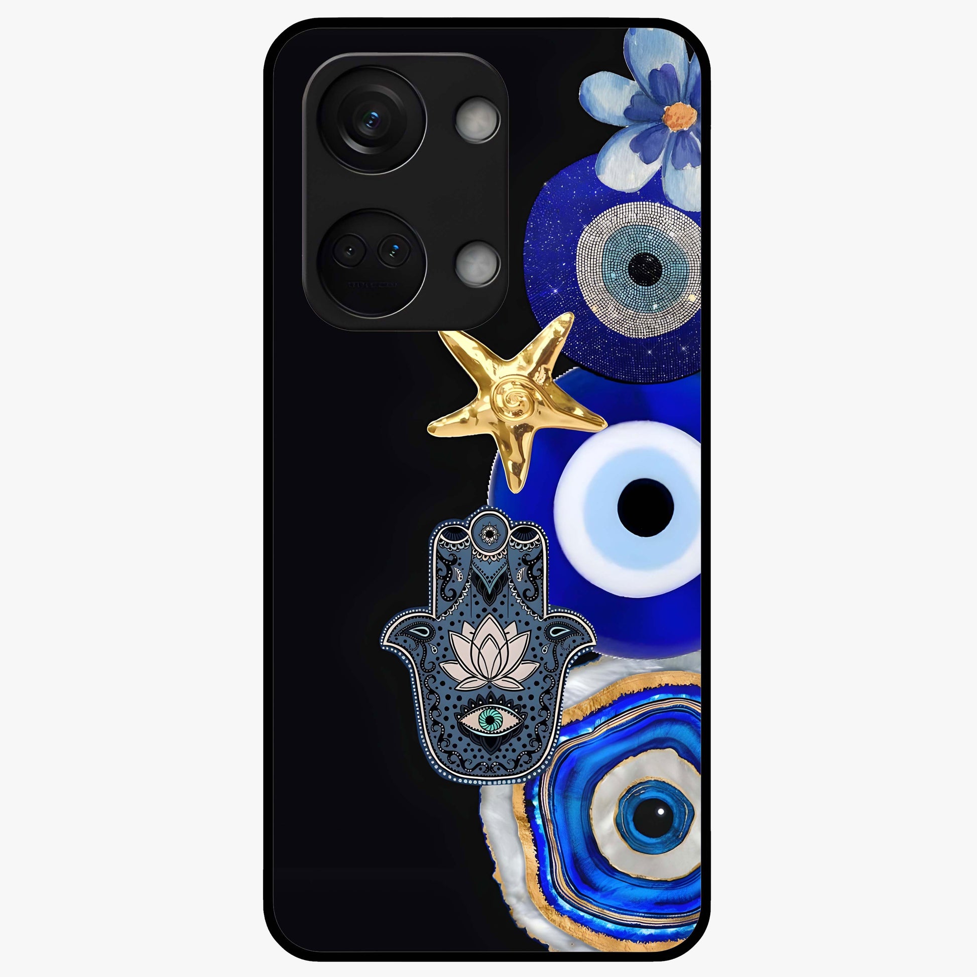 Divine Eye Bloom Glass Case for 1+Nord 3 artistic front view featuring floral evil eye inspired artwork