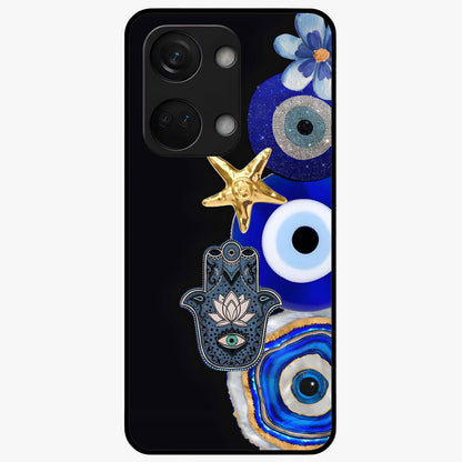 Divine Eye Bloom Glass Case for 1+Nord 3 artistic front view featuring floral evil eye inspired artwork