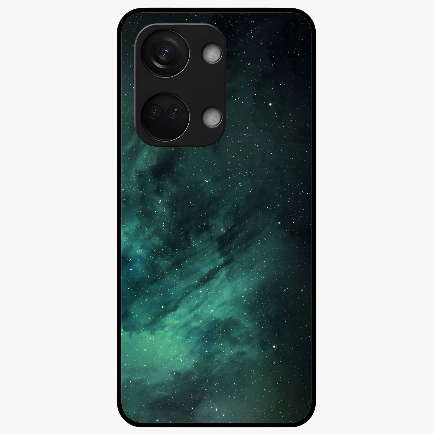 Emerald Green Space Glass Case for 1+Nord 3 vibrant front view featuring deep green cosmic inspired artwork