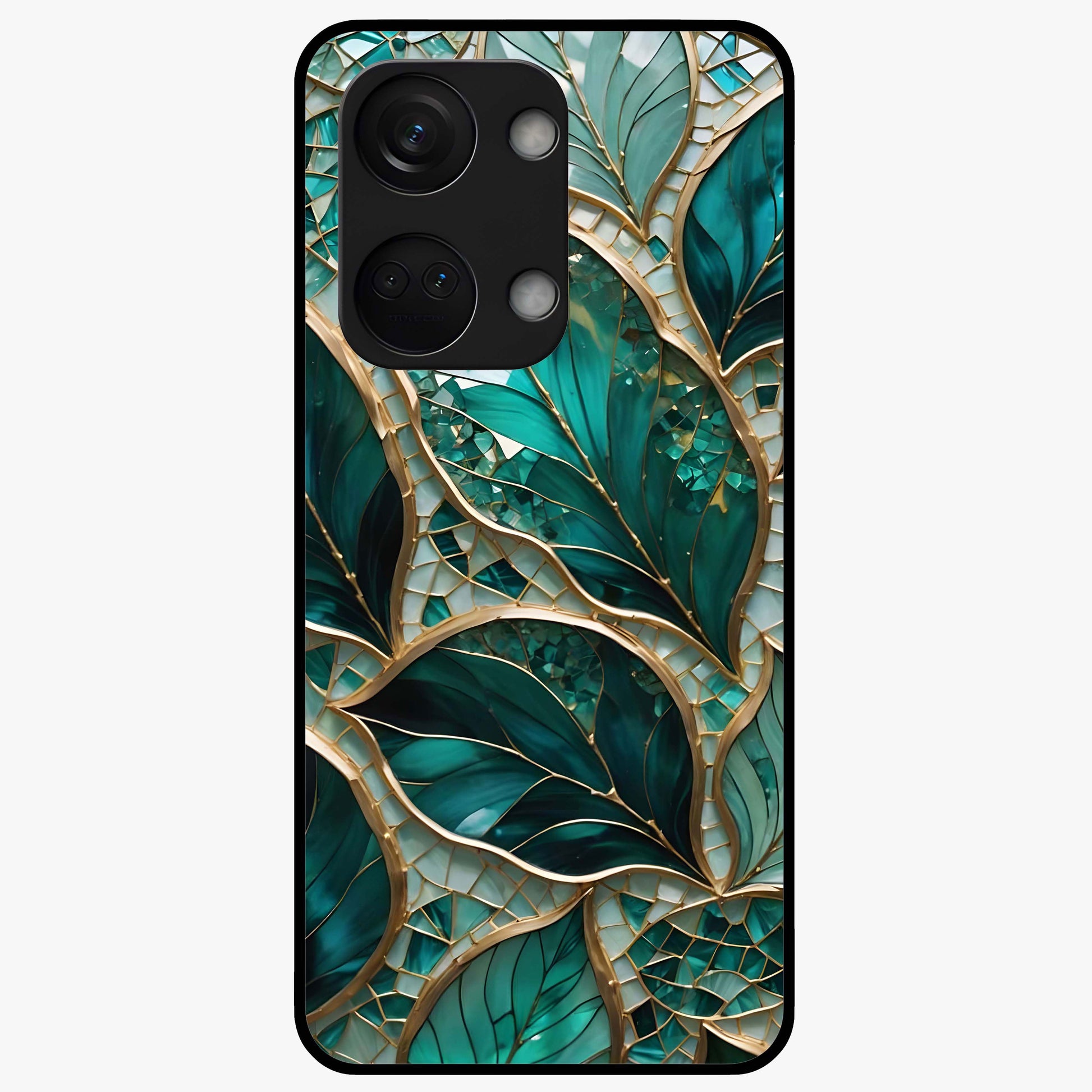 Emerald Leaf Glass Case for 1+Nord 3 minimalist front view featuring elegant green leaf artwork