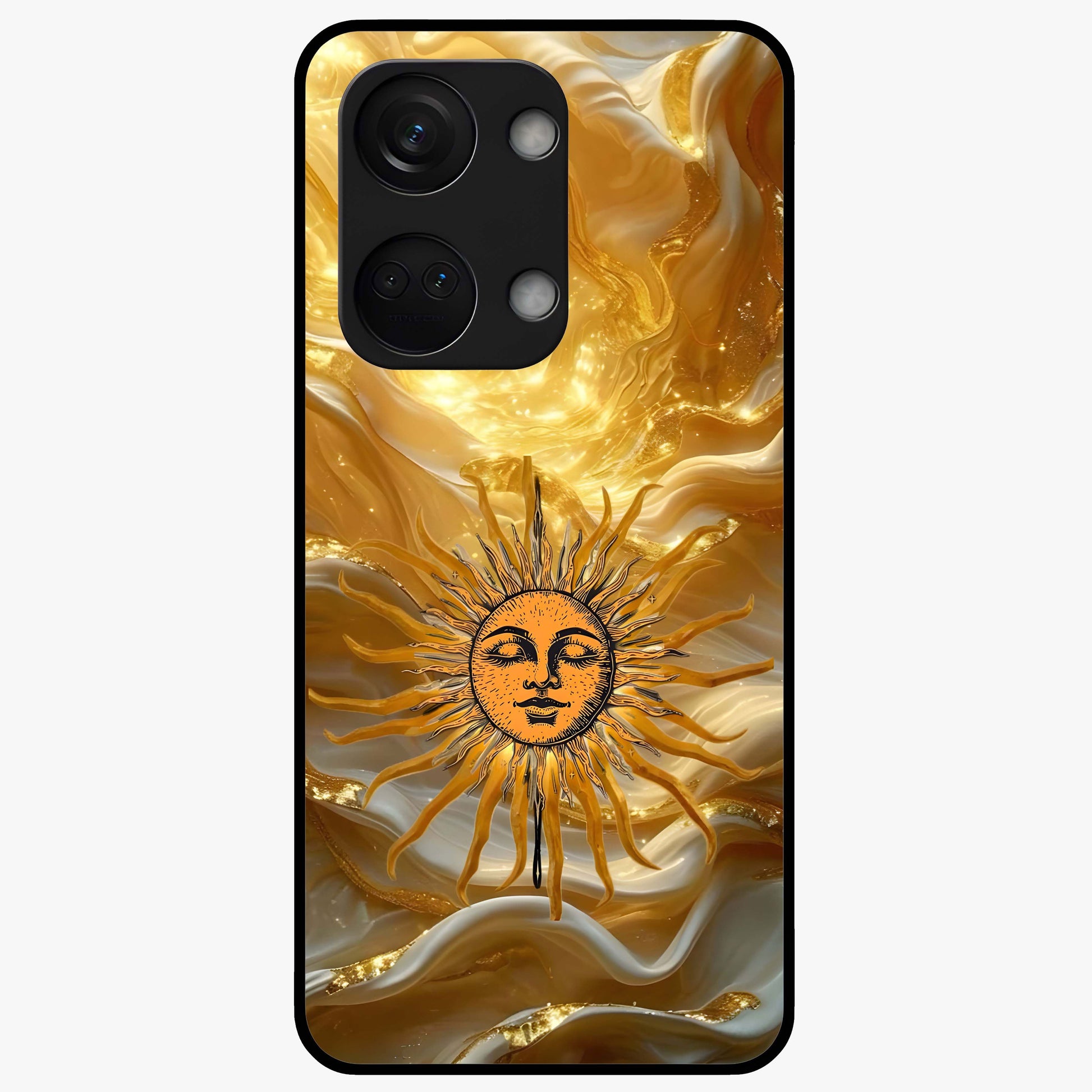 Eternal Golden Glow Glass Case for 1+Nord 3 radiant front view featuring warm golden artistic artwork
