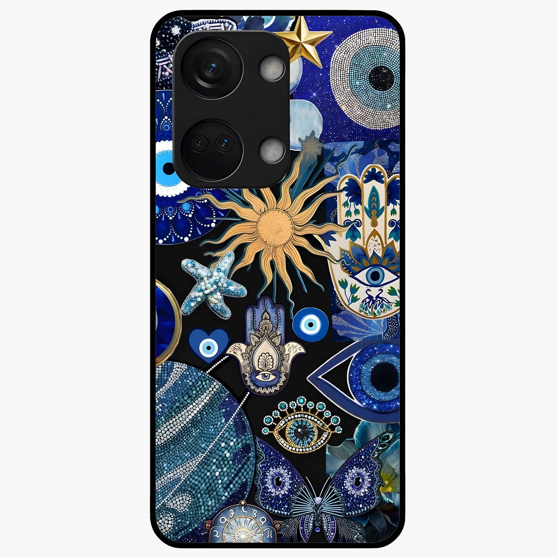 Evil Eye Charm Mix Glass Case for 1+Nord 3 vibrant front view featuring multiple evil eye charm artwork