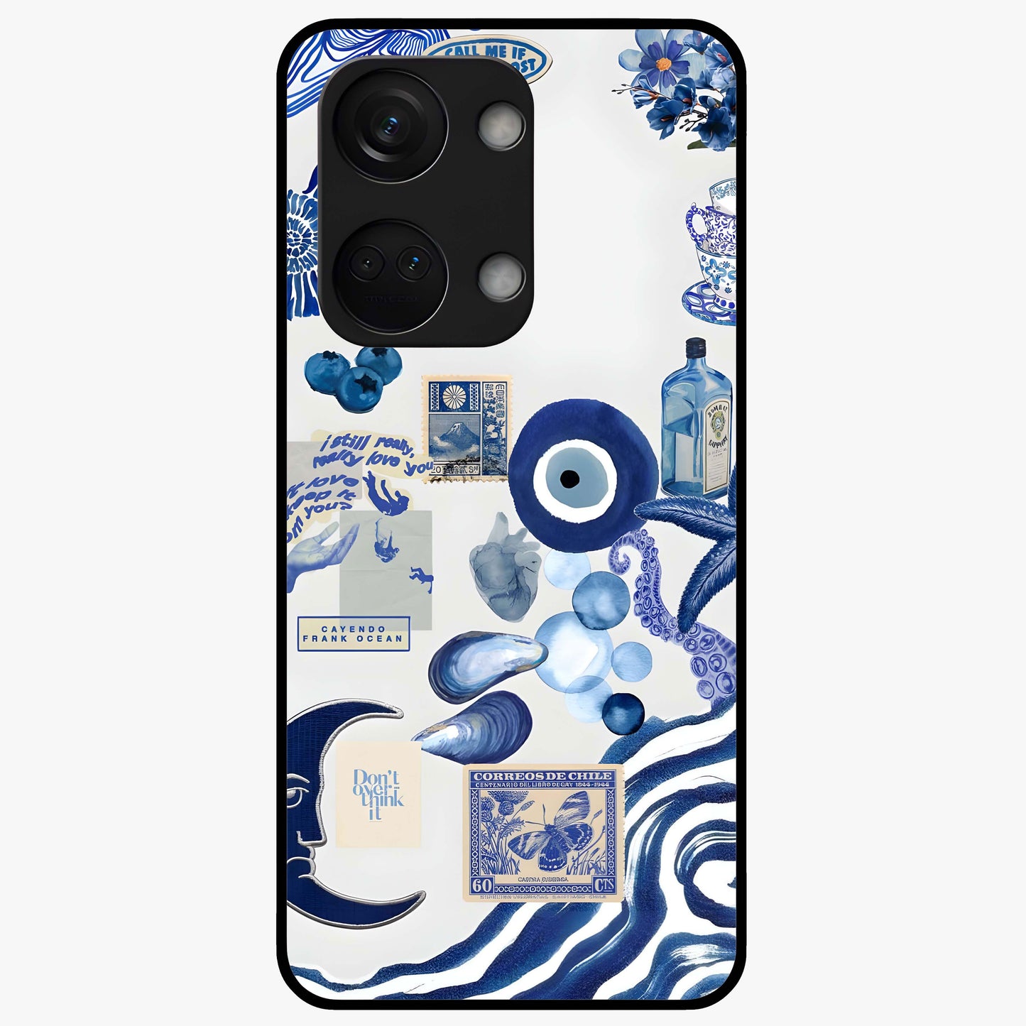 Evil Eyes Dark Blue Glass Case for 1+Nord 3 striking front view featuring deep blue evil eye artwork