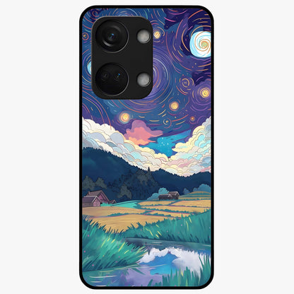 Fields Beneath the Cosmos Glass Case for 1+Nord 3 dreamy front view featuring meadow landscape under cosmic sky