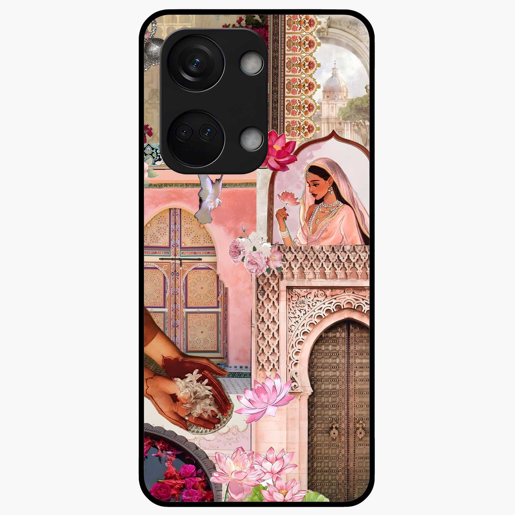 Floral Courtyard Muse Glass Case for 1+Nord 3 elegant front view featuring artistic courtyard floral artwork