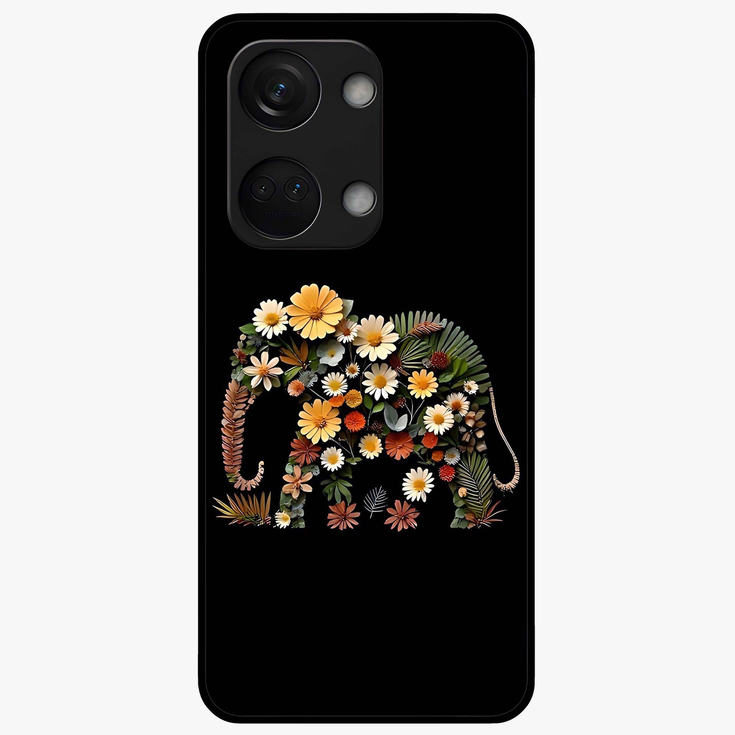 Floral Elephant Glass Case for 1+Nord 3 artistic front view featuring elephant illustration with floral detailing
