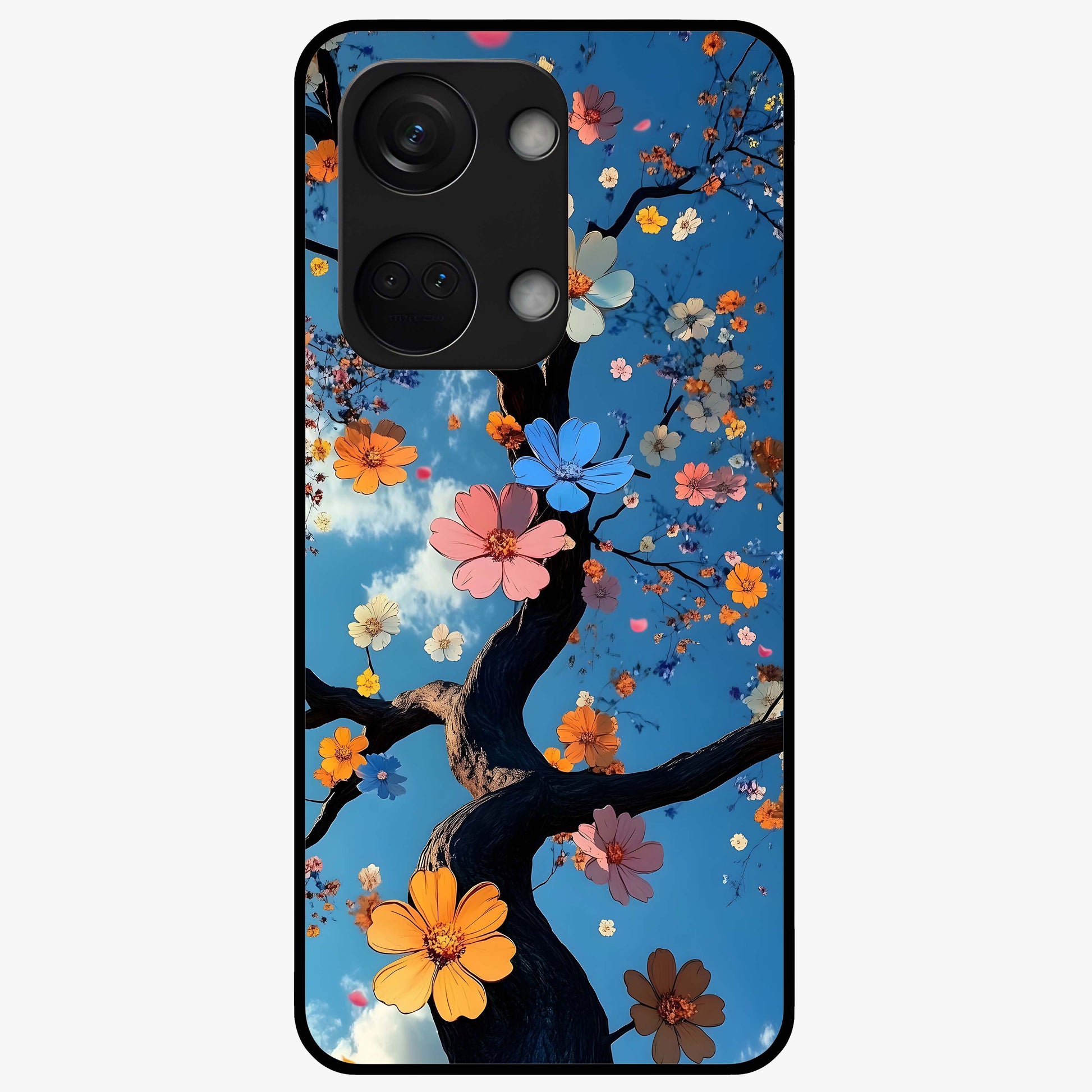 Floral Tree Glass Case for 1+Nord 3 elegant front view featuring blooming tree artwork