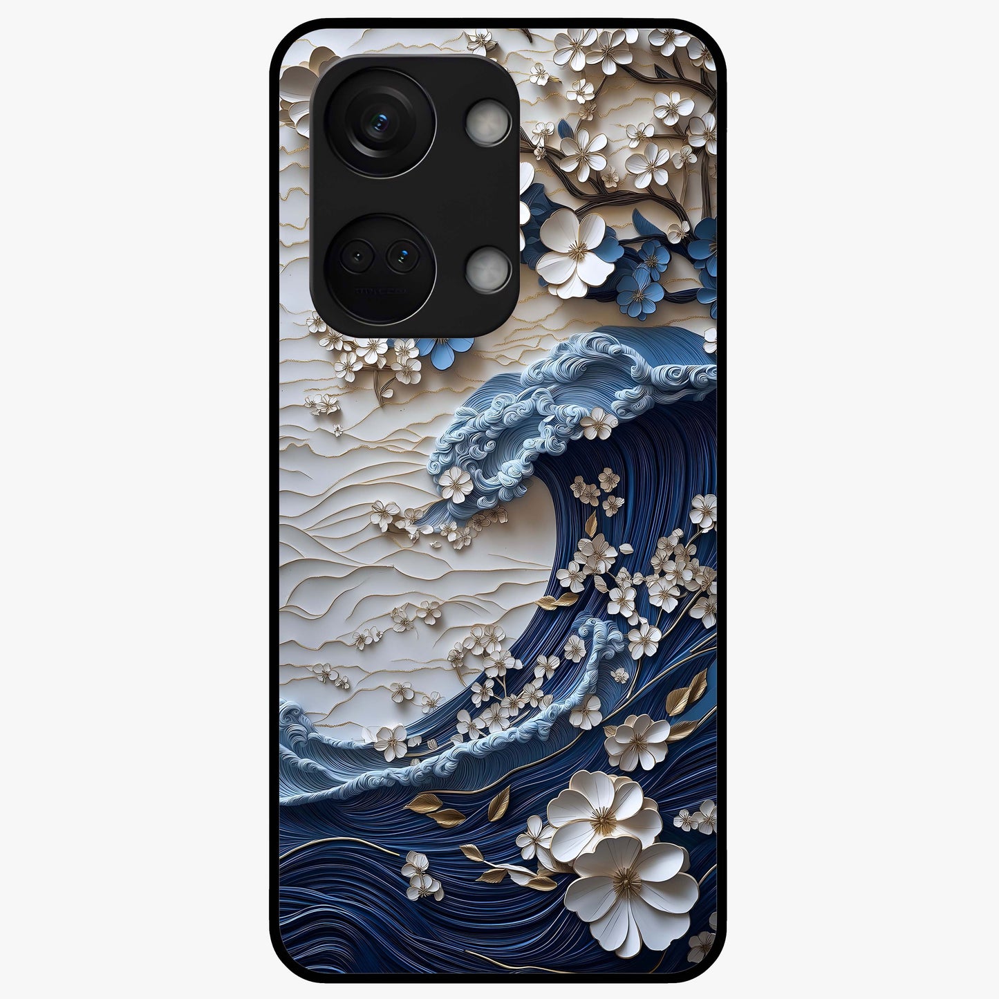 Floral Wave Origami Glass Case for 1+Nord 3 artistic front view featuring folded origami inspired floral wave artwork