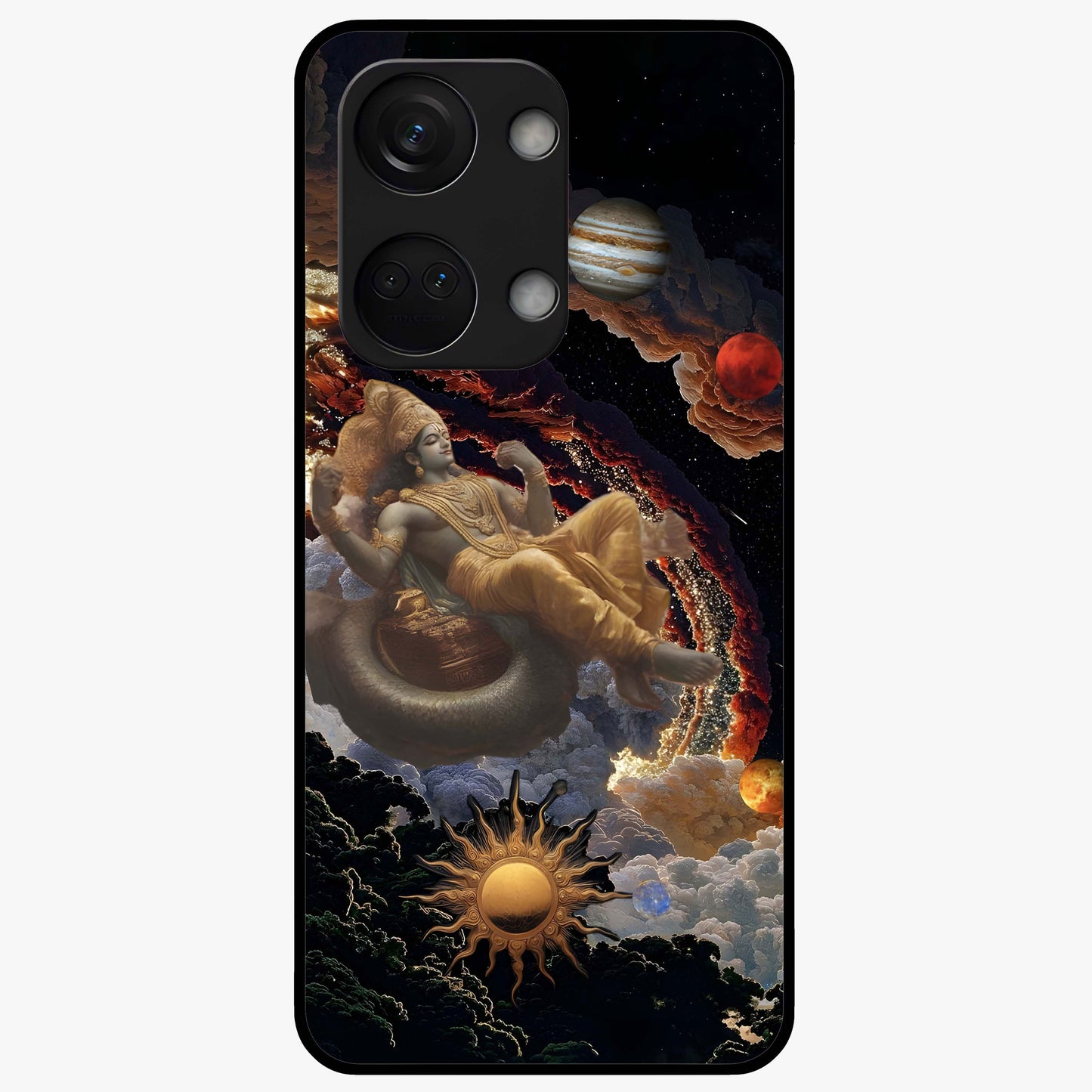 Galactic Divine God Glass Case for 1+Nord 3 powerful front view featuring divine artwork blended with cosmic background