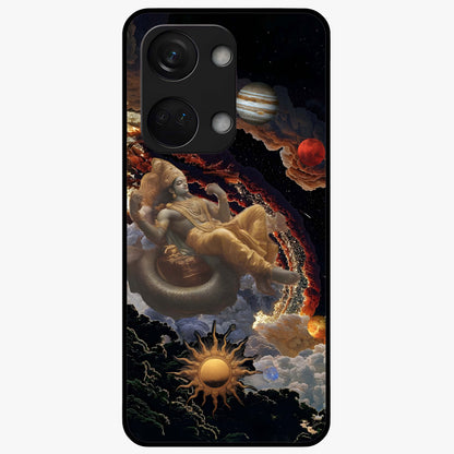 Galactic Divine God Glass Case for 1+Nord 3 powerful front view featuring divine artwork blended with cosmic background