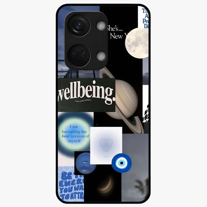 Galactic Energy Collage Glass Case for 1+Nord 3 artistic front view featuring layered cosmic collage artwork