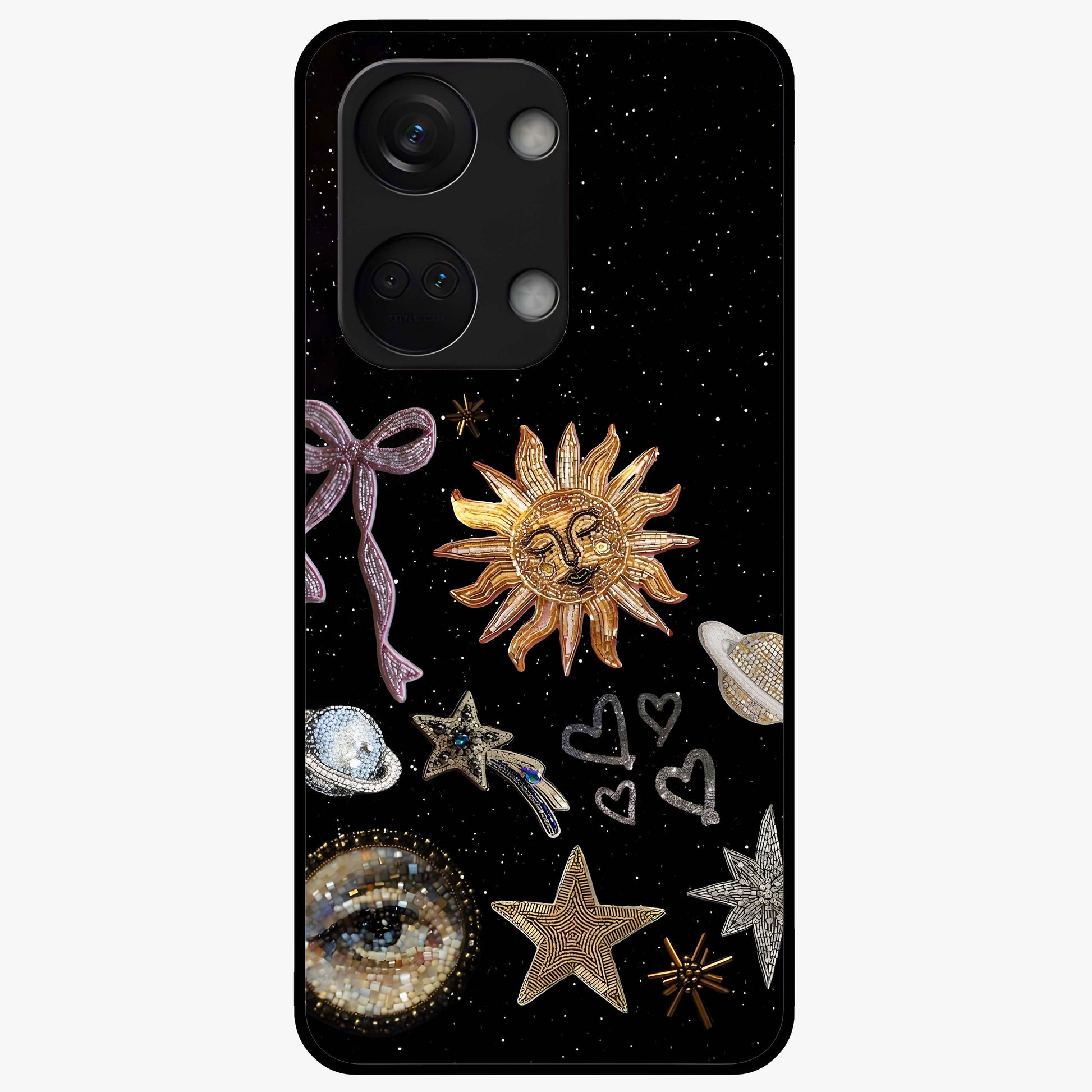 Galactic Sun Charm Glass Case for 1+Nord 3 radiant front view featuring celestial sun artwork with cosmic accents