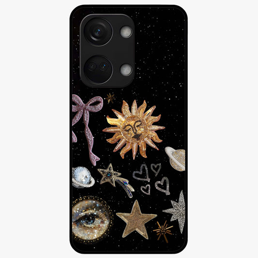 Galactic Sun Charm Glass Case for 1+Nord 3 radiant front view featuring celestial sun artwork with cosmic accents