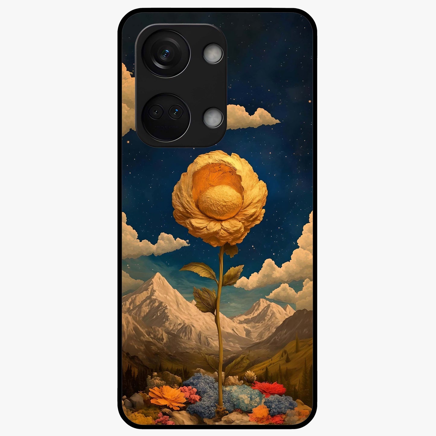Golden Bloom Night Glass Case for 1+Nord 3 elegant front view featuring glowing golden floral artwork on dark background