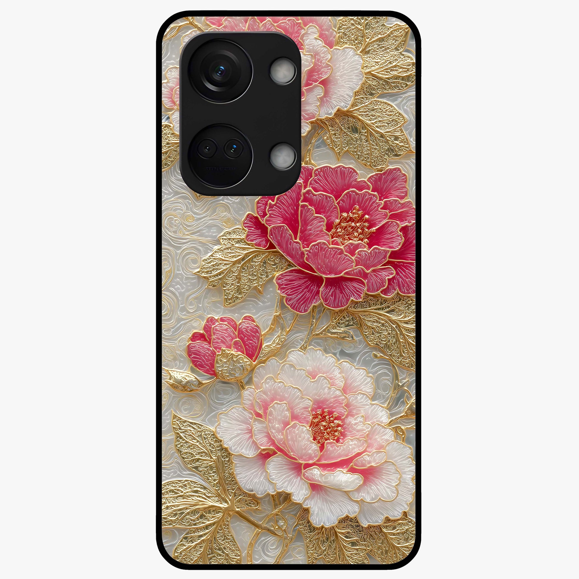 Golden Blossom Elegance Glass Case for 1+Nord 3 graceful front view featuring refined golden floral artwork