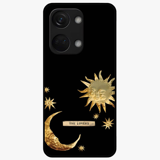 Golden Celestial Charm Glass Case for 1+Nord 3 radiant front view featuring celestial artwork with golden accents