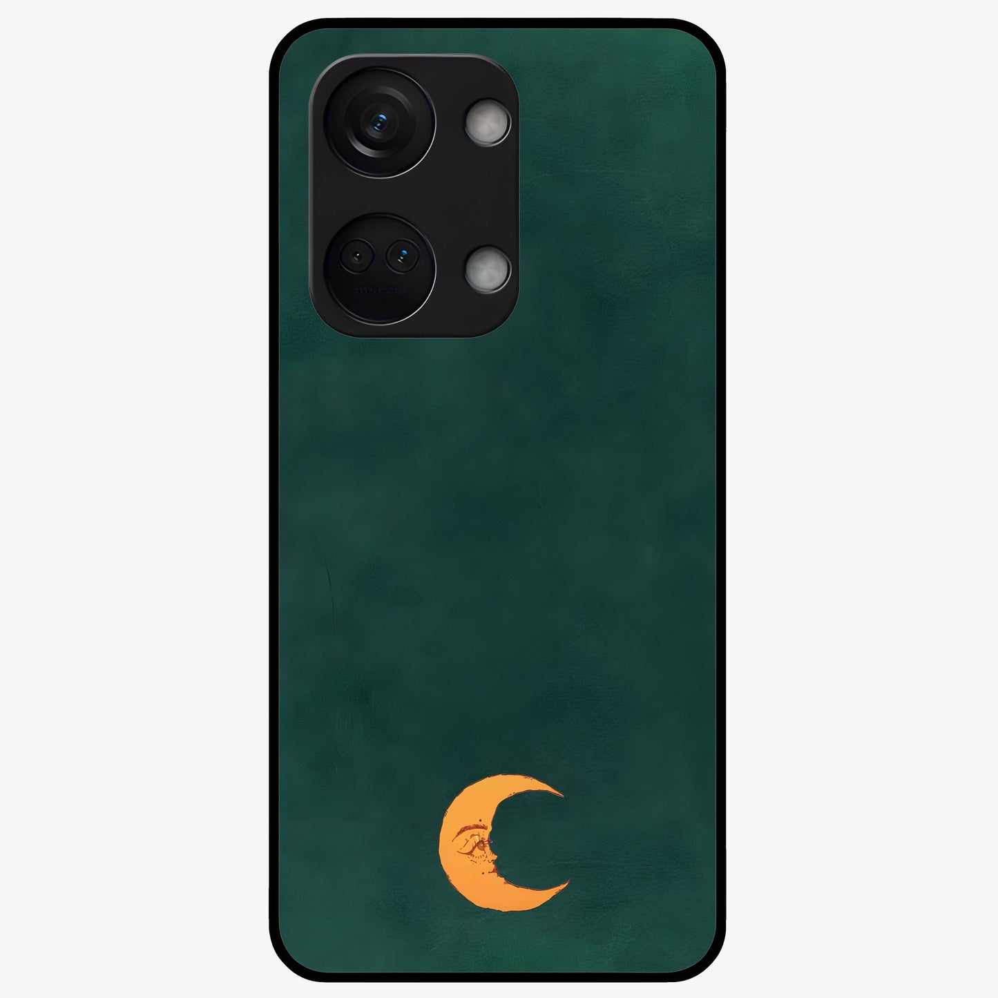 Golden Crescent Mood Glass Case for 1+Nord 3 artistic front view featuring crescent moon artwork in warm golden tones