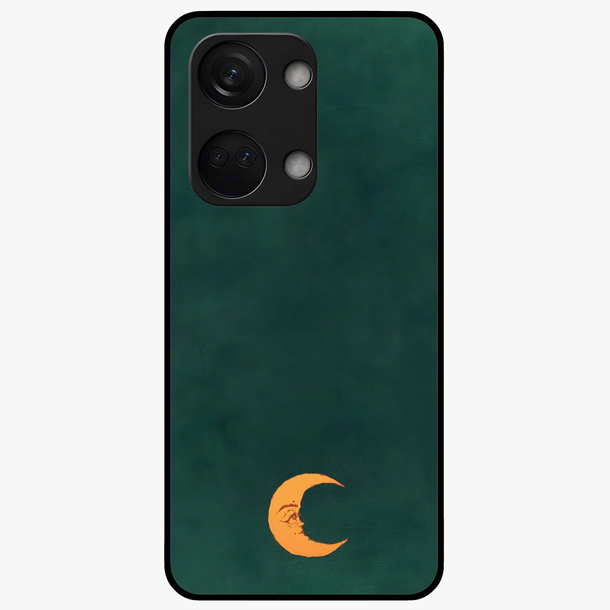 Golden Crescent Mood Glass Case for 1+Nord 3 artistic front view featuring crescent moon artwork in warm golden tones