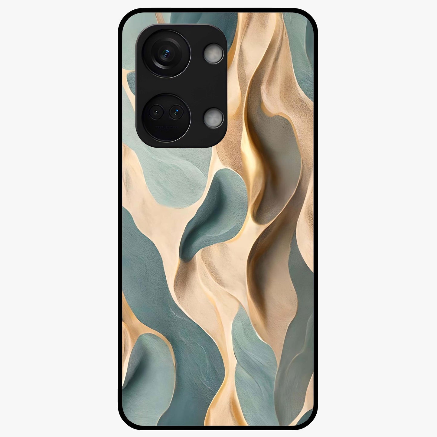 Golden Dune Waves Glass Case for 1+Nord 3 scenic front view featuring flowing desert dune artwork in golden hues