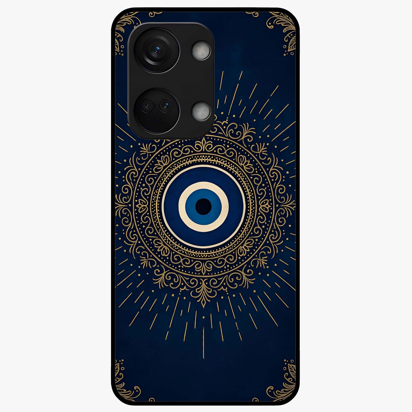 Golden Evil Eye Mandala Glass Case for 1+Nord 3 bold front view featuring intricate mandala artwork with golden evil eye