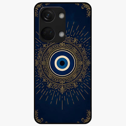 Golden Evil Eye Mandala Glass Case for 1+Nord 3 bold front view featuring intricate mandala artwork with golden evil eye