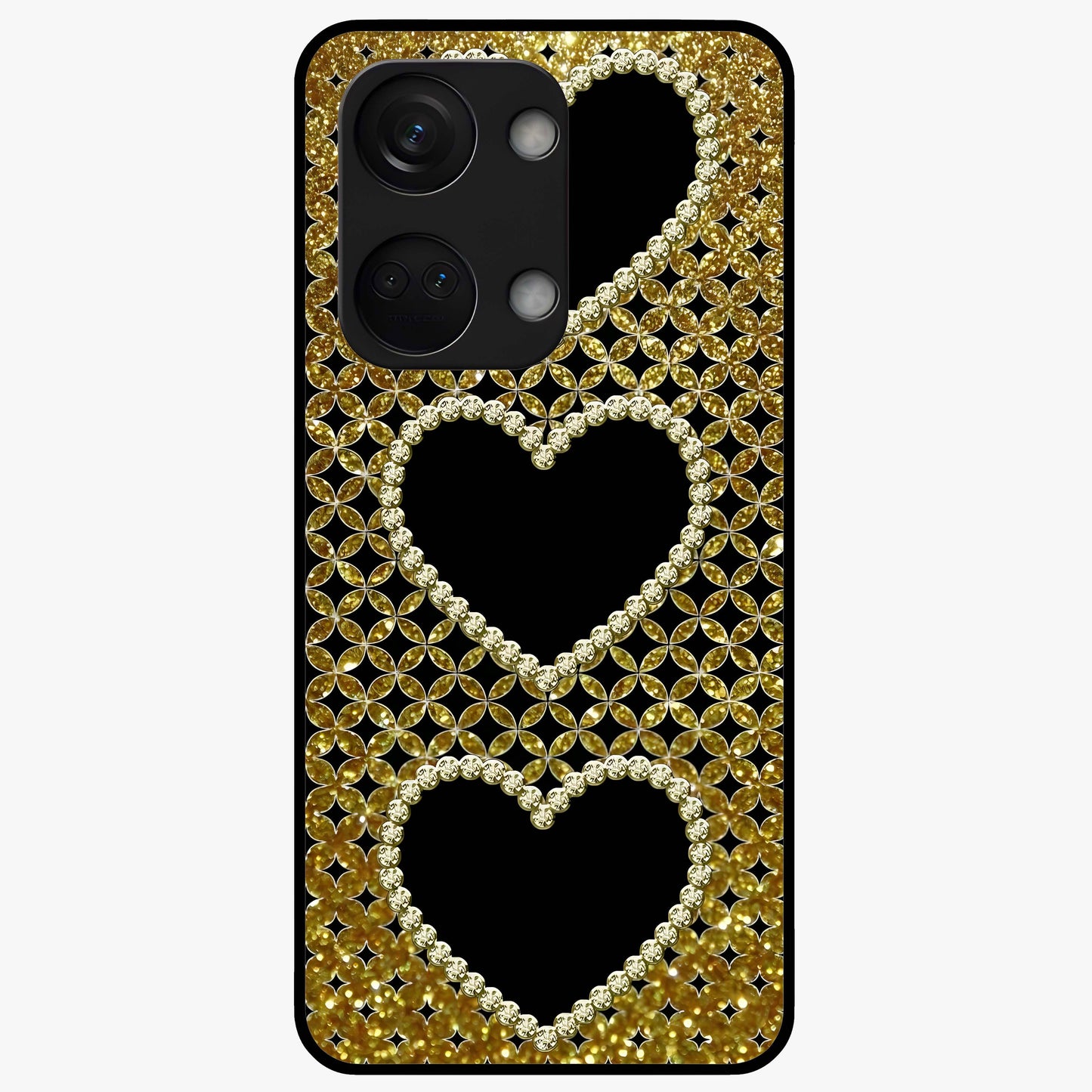 Golden Heart Glow Glass Case for 1+Nord 3 romantic front view featuring glowing golden heart artwork