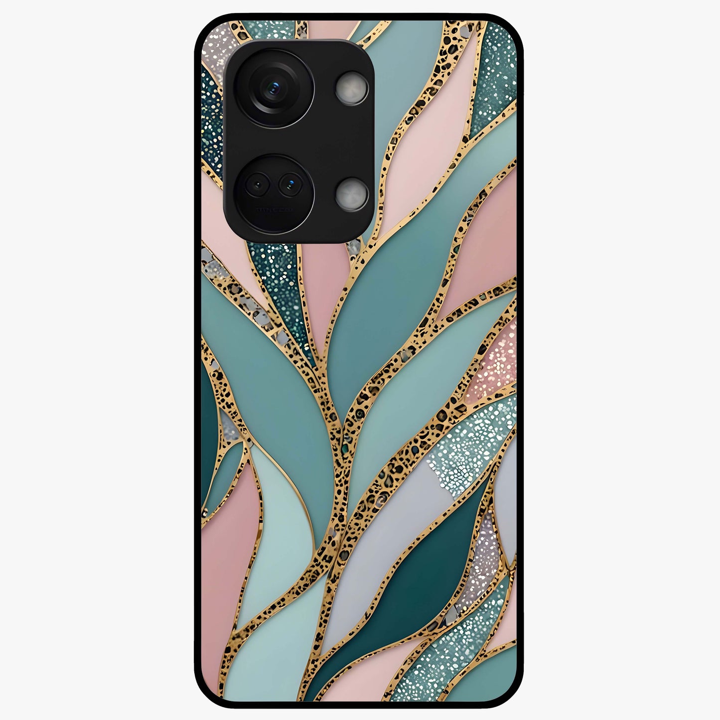 Golden Leaf Dreams Glass Case for 1+Nord 3 elegant front view featuring shimmering golden leaf artwork