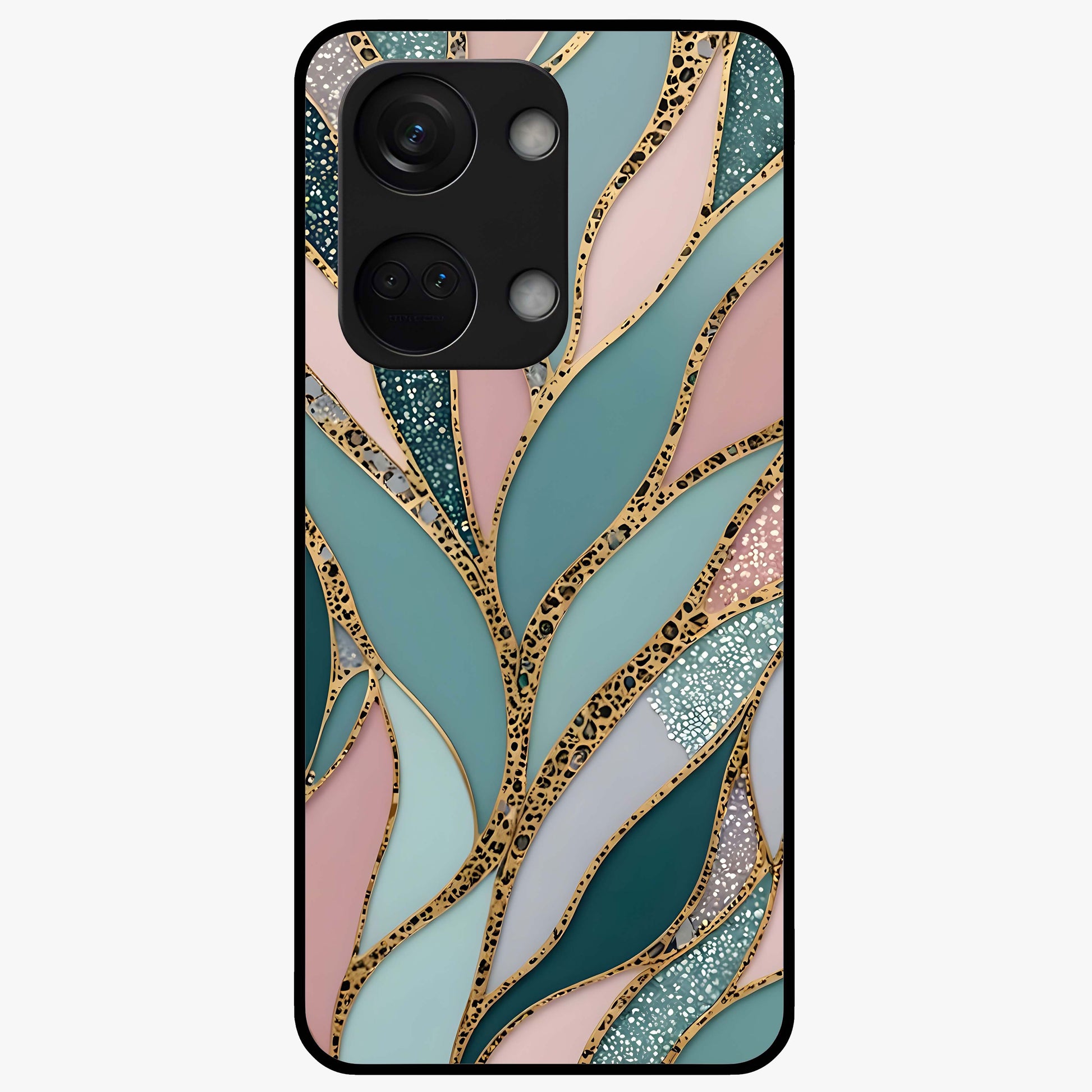 Golden Leaf Dreams Glass Case for 1+Nord 3 elegant front view featuring shimmering golden leaf artwork