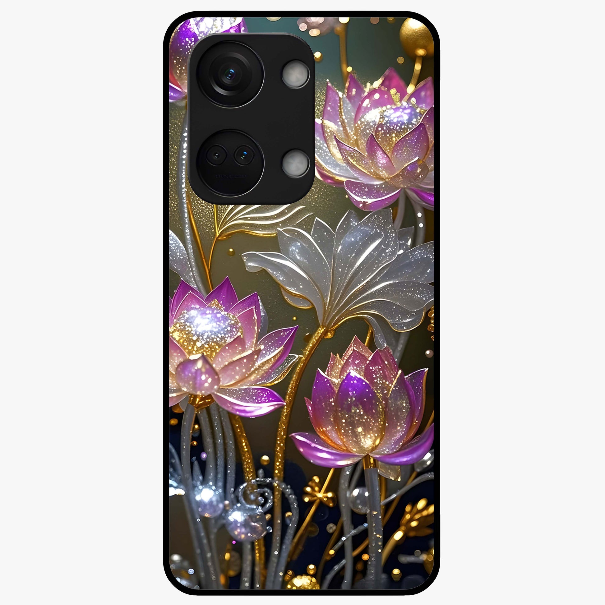 Golden Lotus Glow Glass Case for 1+Nord 3 serene front view featuring radiant lotus artwork in golden hues
