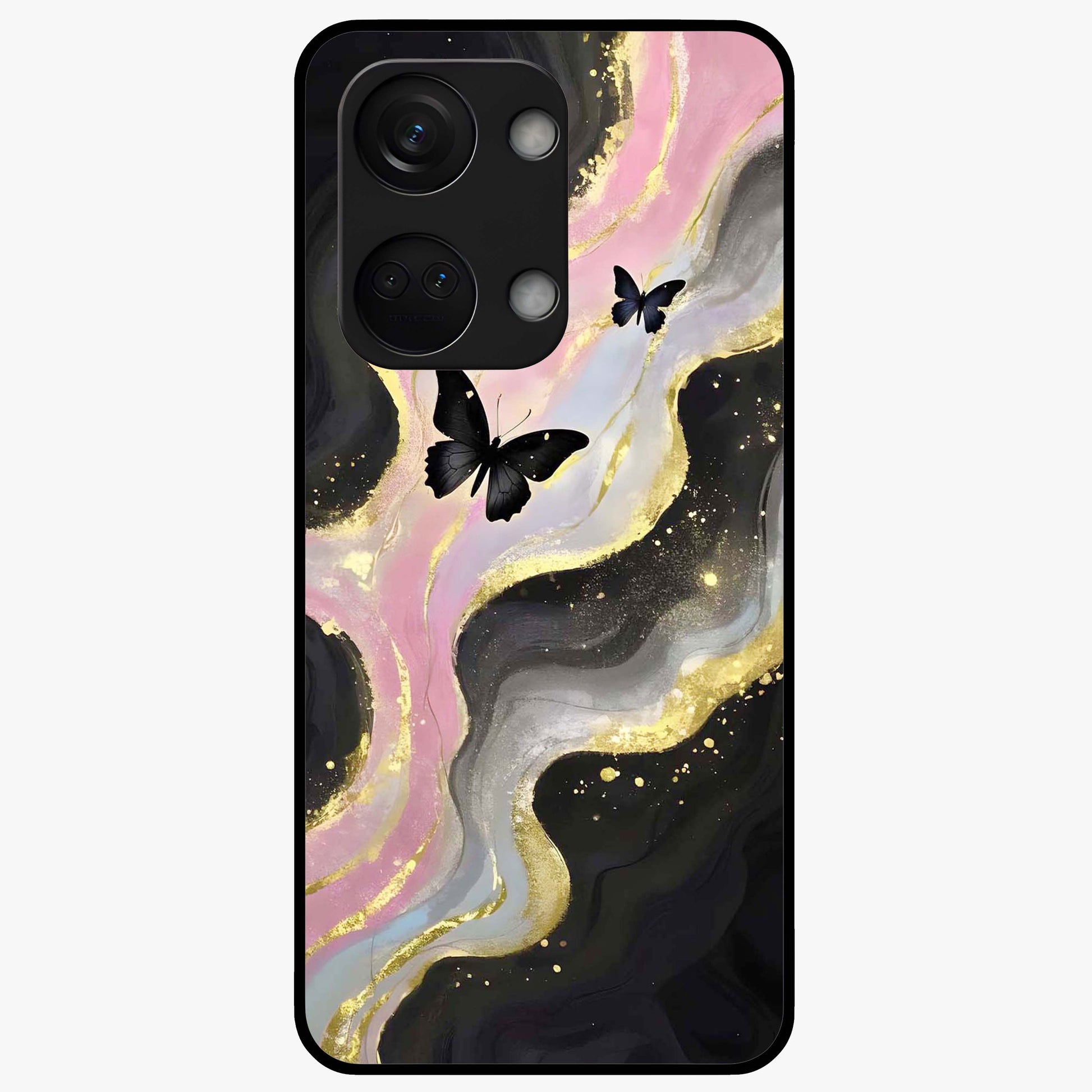 Golden Mist Butterflies Glass Case for 1+Nord 3 elegant front view featuring soft golden butterfly artwork with misty tones