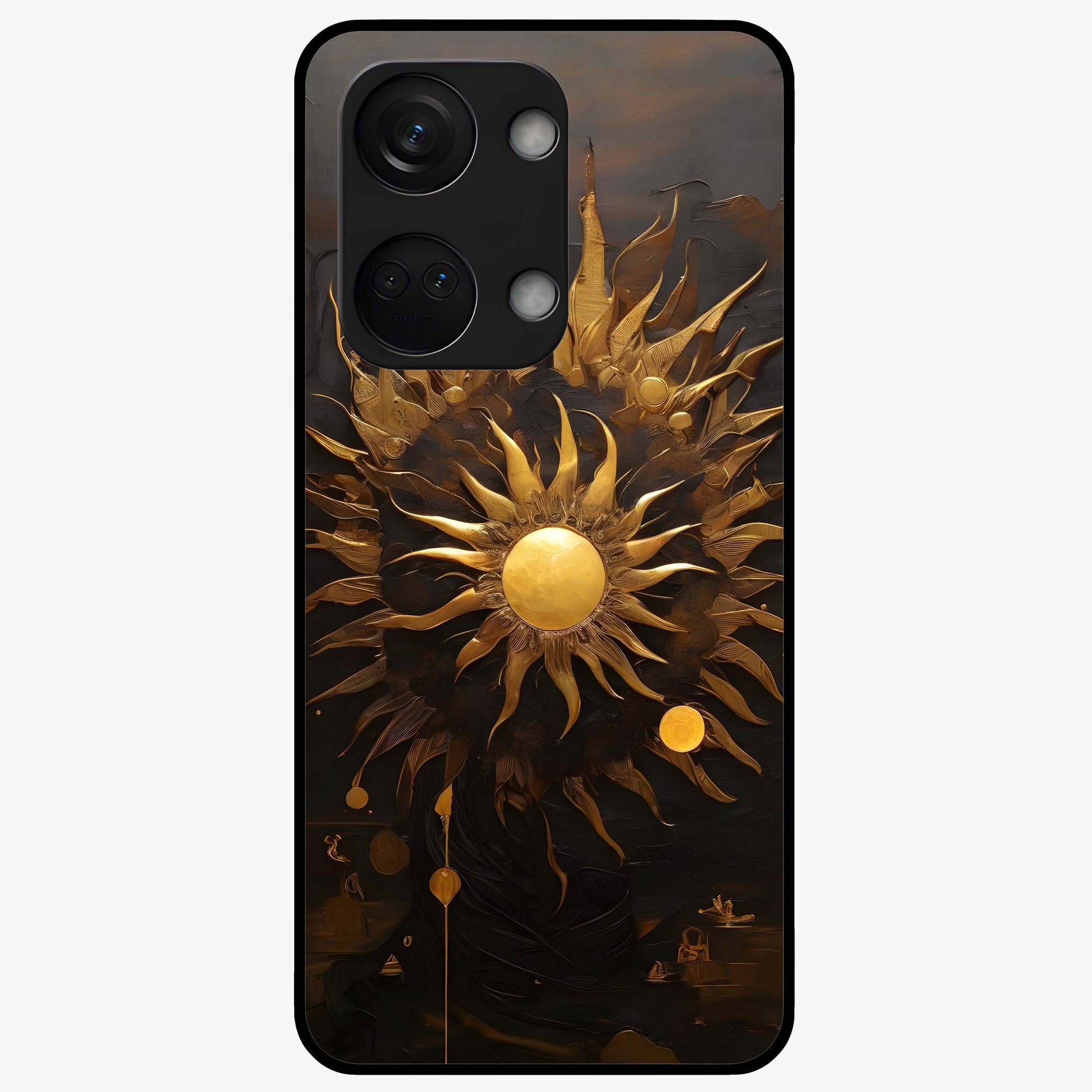 Golden Sun Majesty Glass Case for 1+Nord 3 radiant front view featuring majestic sun artwork in golden hues