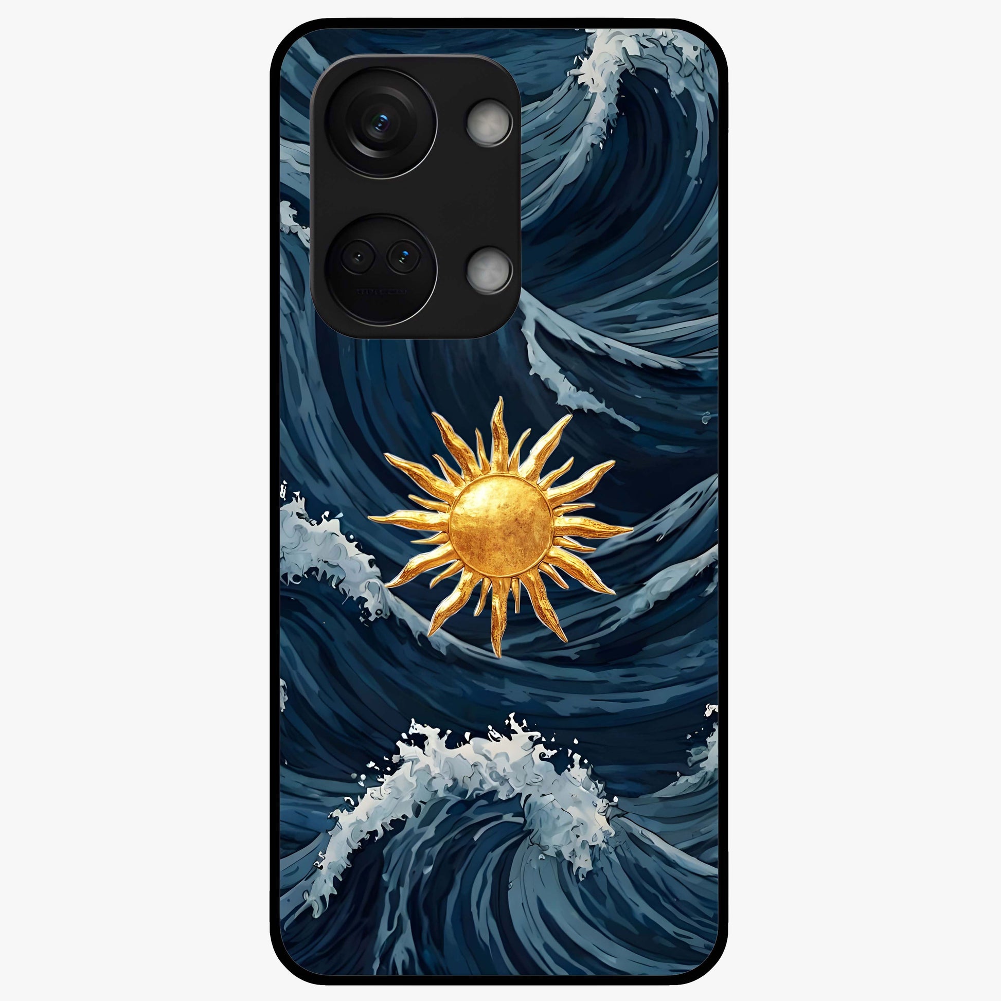 Golden Wave Rise Glass Case for 1+Nord 3 dynamic front view featuring flowing wave artwork in golden tones
