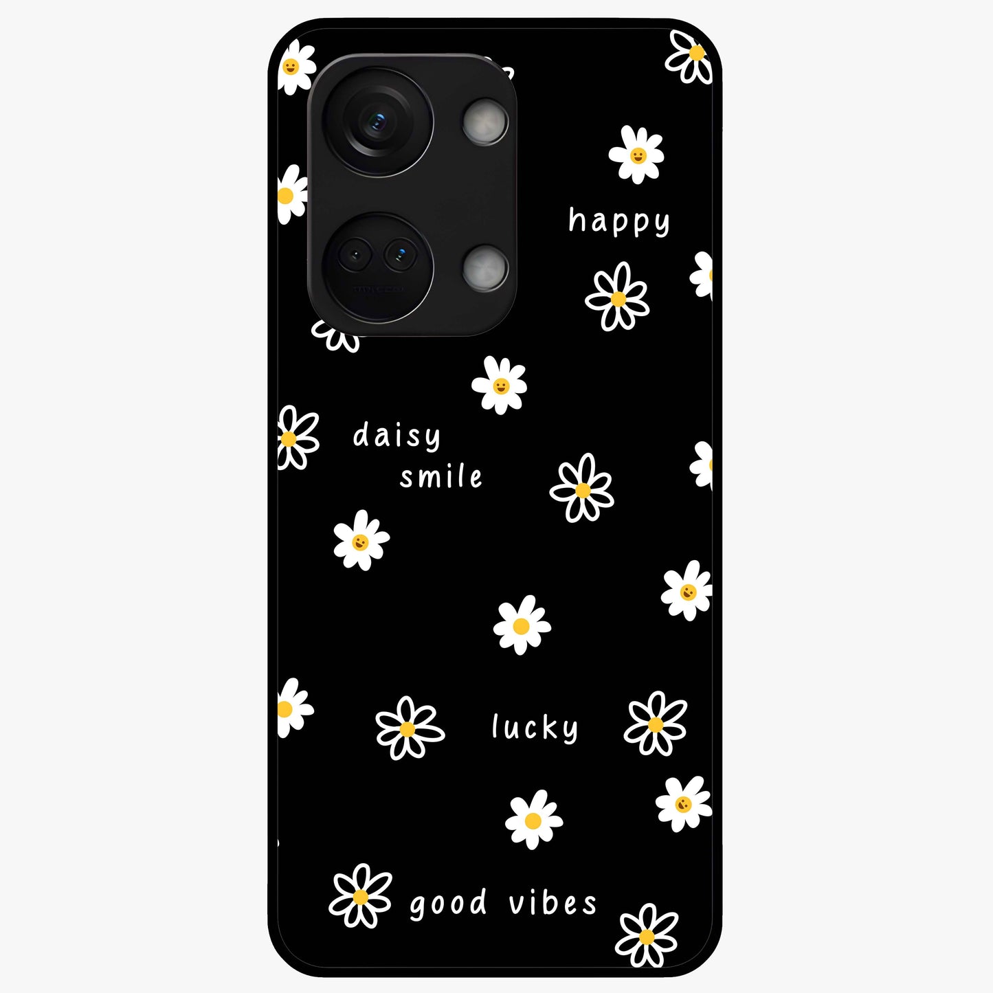 Good Vibes Daisy Black Pattern Glass Case for 1+Nord 3 stylish front view featuring white daisy artwork on black background