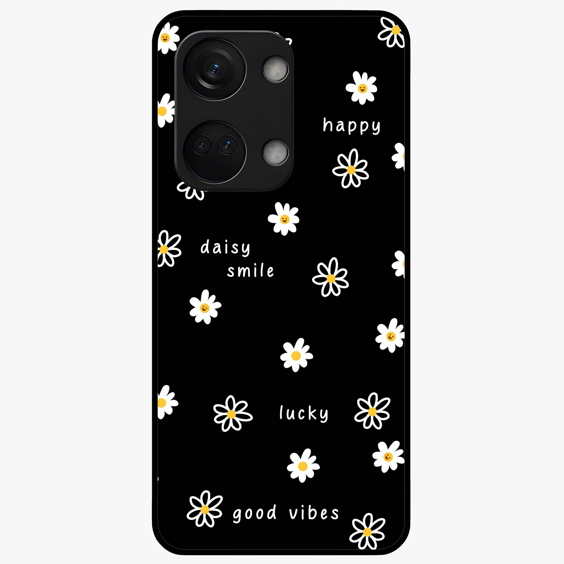 Good Vibes Daisy Black Pattern Glass Case for 1+Nord 3 stylish front view featuring white daisy artwork on black background