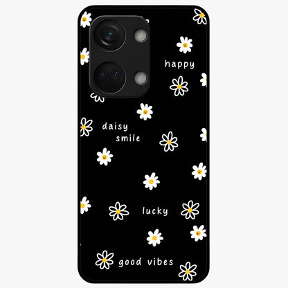 Good Vibes Daisy Black Pattern Glass Case for 1+Nord 3 stylish front view featuring white daisy artwork on black background