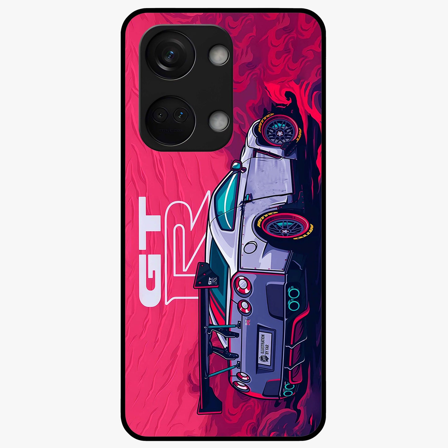 Gt R Car Pattern Glass Case for 1+Nord 3 bold front view featuring performance car inspired pattern artwork
