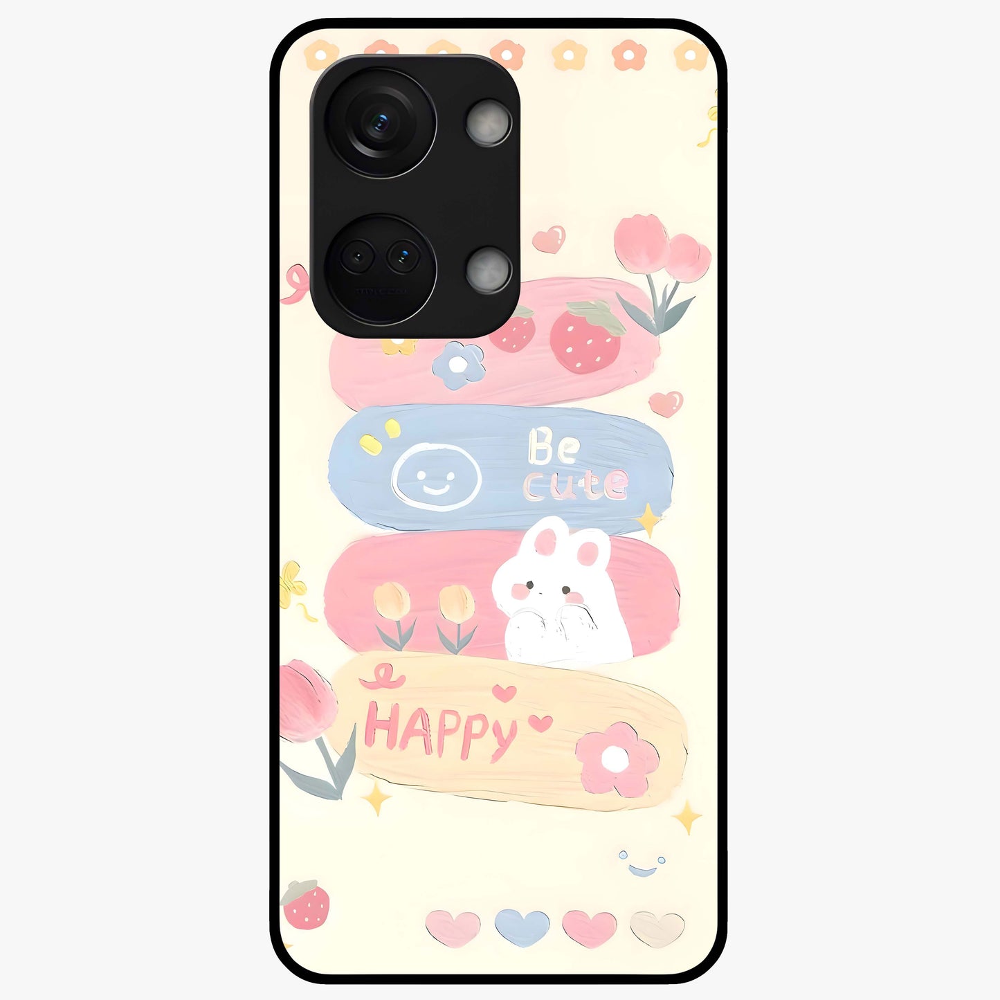 Happy Cute Bunny Glass Case for 1+Nord 3 adorable front view featuring playful bunny artwork