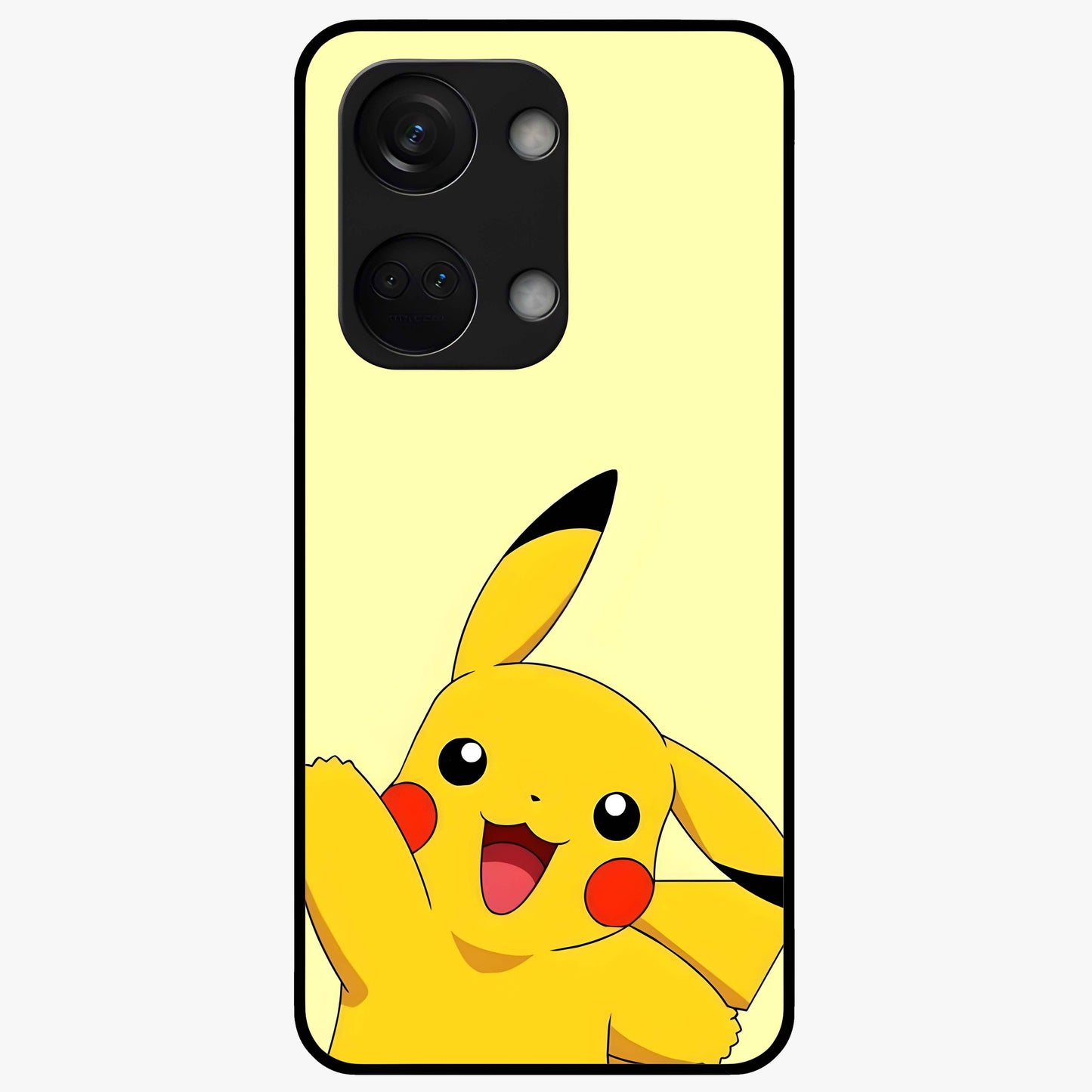 Happy Electric Pikachu Glass Case for 1+Nord 3 energetic front view featuring electric themed cartoon artwork