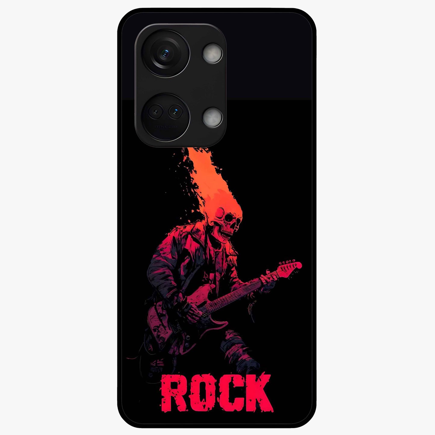 Hellfire Rock Anthem Glass Case for 1+Nord 3 showing full back design in clean flat view with fiery rock-inspired artwork and glossy glass finish.