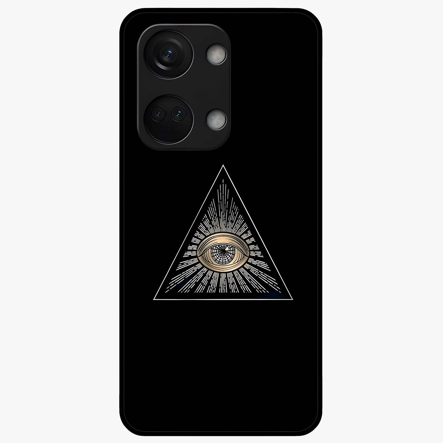 Illuminati Evil Glass Case for 1+Nord 3 showing full back design in clean flat view with bold symbolic artwork and glossy glass finish.