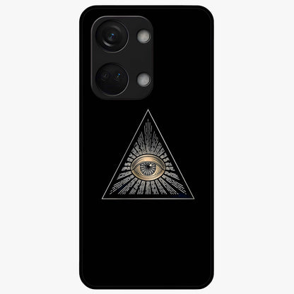 Illuminati Evil Glass Case for 1+Nord 3 showing full back design in clean flat view with bold symbolic artwork and glossy glass finish.