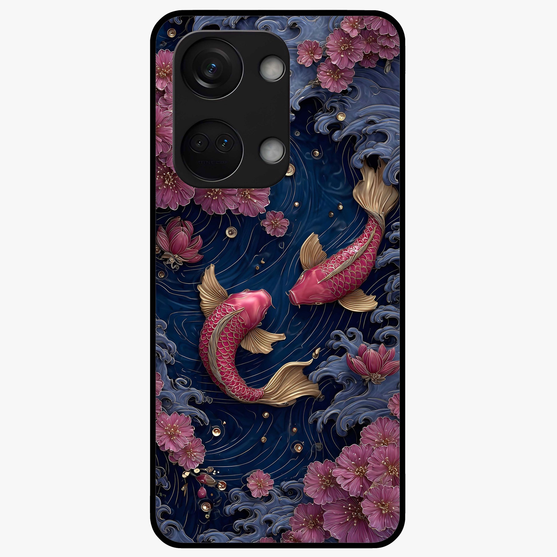 Koi Wave Dance Glass Case for 1+Nord 3 artistic front view featuring flowing koi fish artwork with wave patterns