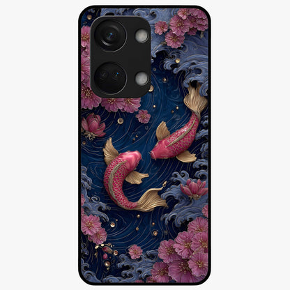 Koi Wave Dance Glass Case for 1+Nord 3 artistic front view featuring flowing koi fish artwork with wave patterns
